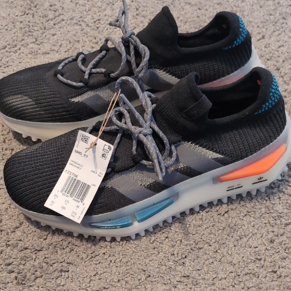Adidas Black and Gray Shoes with Blue and Orange Highlights